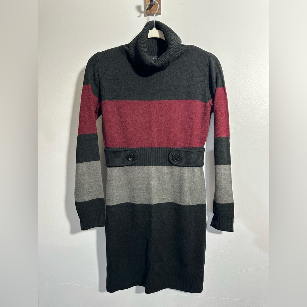 A. Byer Women’s M Long Sleeve Turtleneck Burgundy Gray Sweater Dress | SKU 0816